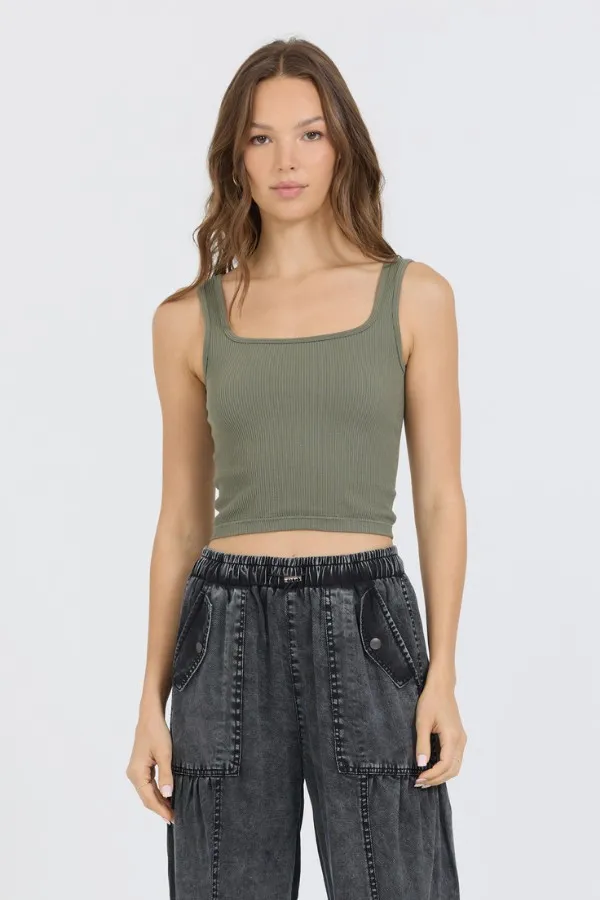Women Vintage Havana Casual Tops Olive Seamless Tank Top Olive