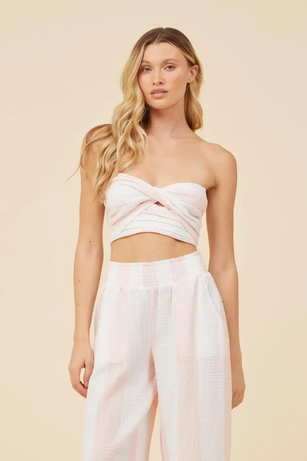 Women Vintage Havana Casual Tops Pink and White Cabana Stripe Gauze Bandeau Crop Top Pink White Women Vintage Havana Casual Tops Pink and White Cabana Stripe Gauze Bandeau Crop Top Pink White