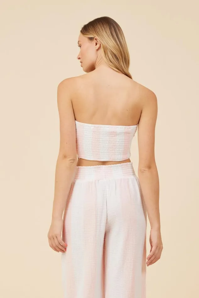 Women Vintage Havana Casual Tops Pink and White Cabana Stripe Gauze Bandeau Crop Top Pink White