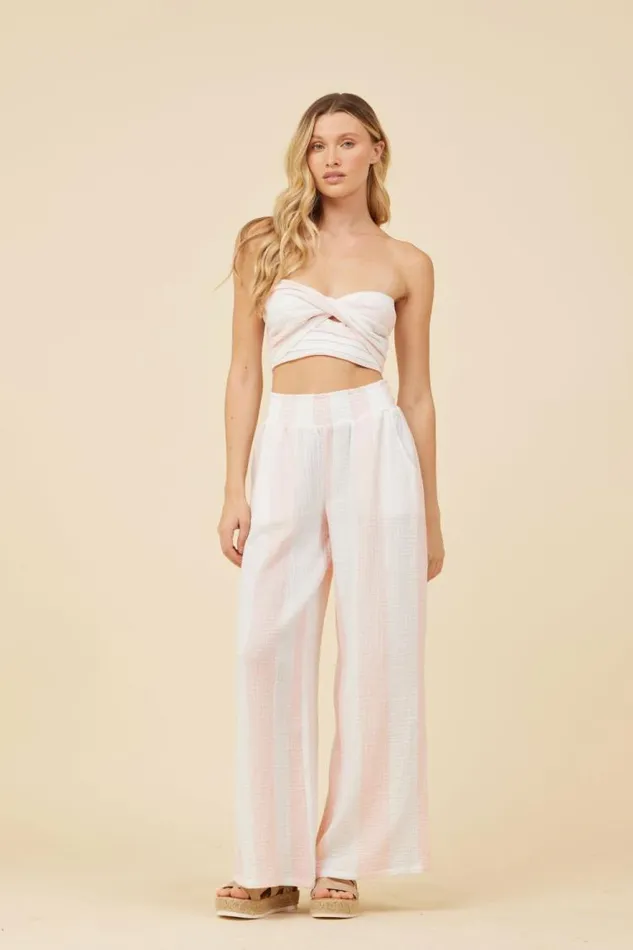 Women Vintage Havana Casual Tops Pink and White Cabana Stripe Gauze Bandeau Crop Top Pink White