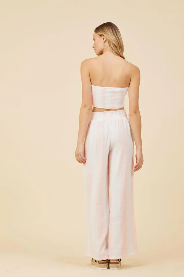 Women Vintage Havana Casual Tops Pink and White Cabana Stripe Gauze Bandeau Crop Top Pink White