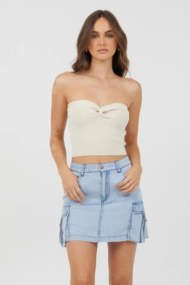 Women Vintage Havana Casual Tops Sunrise Sand Rib Knit Twist Front Tube Top Sunrise Sand