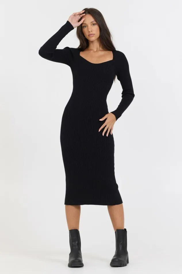 Women Vintage Havana Dresses Black Fitted Rib Knit Midi Dress Black