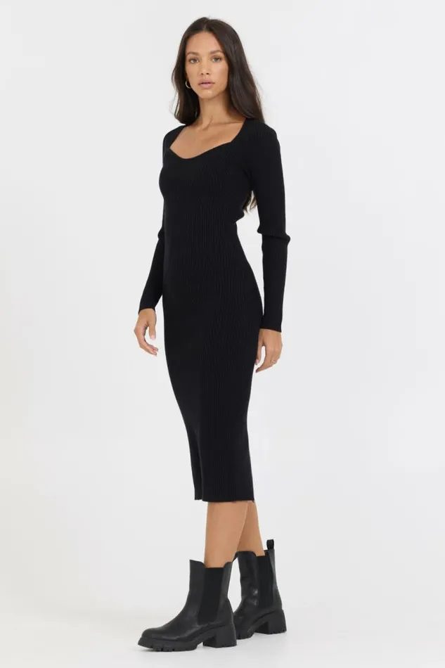 Women Vintage Havana Dresses Black Fitted Rib Knit Midi Dress Black