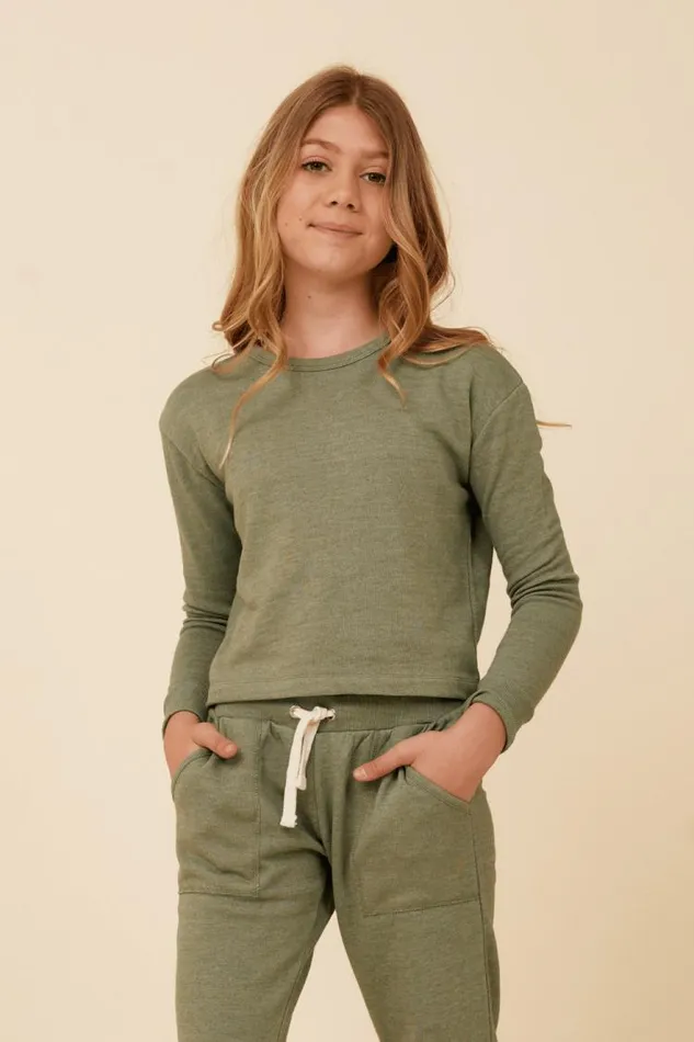 Women Vintage Havana Kids Tops Distressed Neckline Crewneck Sage