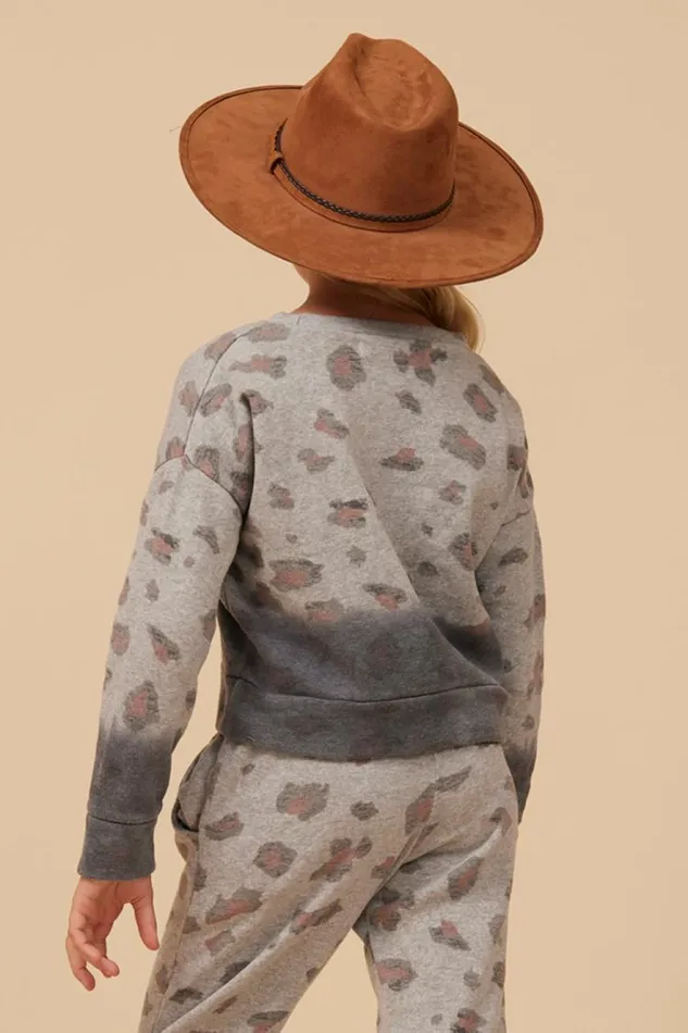 Women Vintage Havana Kids Tops Large Leopard Print Dip Dye Crewneck Grey