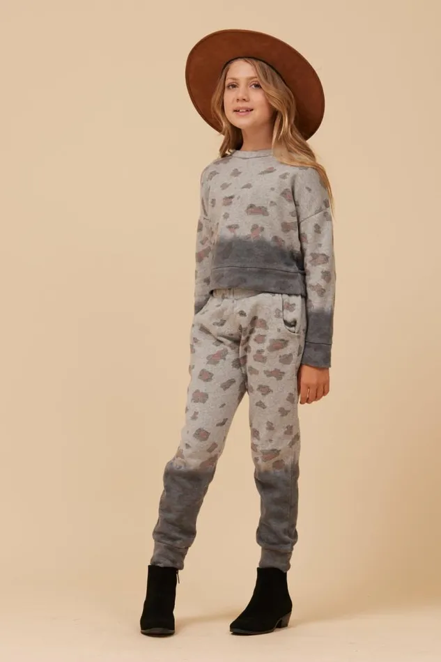 Women Vintage Havana Kids Tops Large Leopard Print Dip Dye Crewneck Grey
