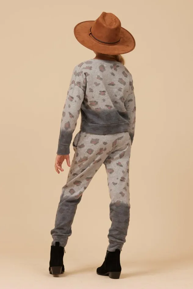 Women Vintage Havana Kids Tops Large Leopard Print Dip Dye Crewneck Grey
