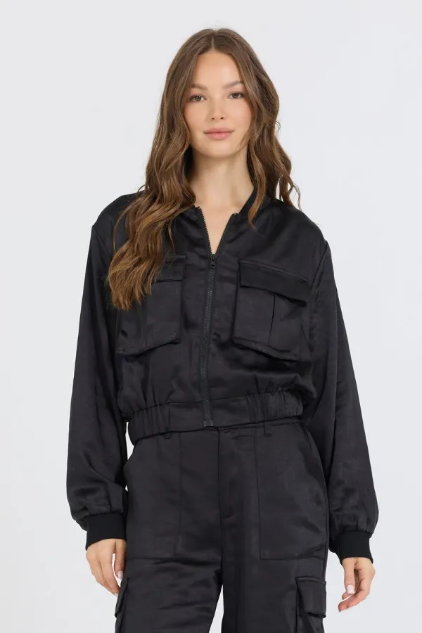 Women Vintage Havana Outerwear Black Heavy Satin Bomber Black