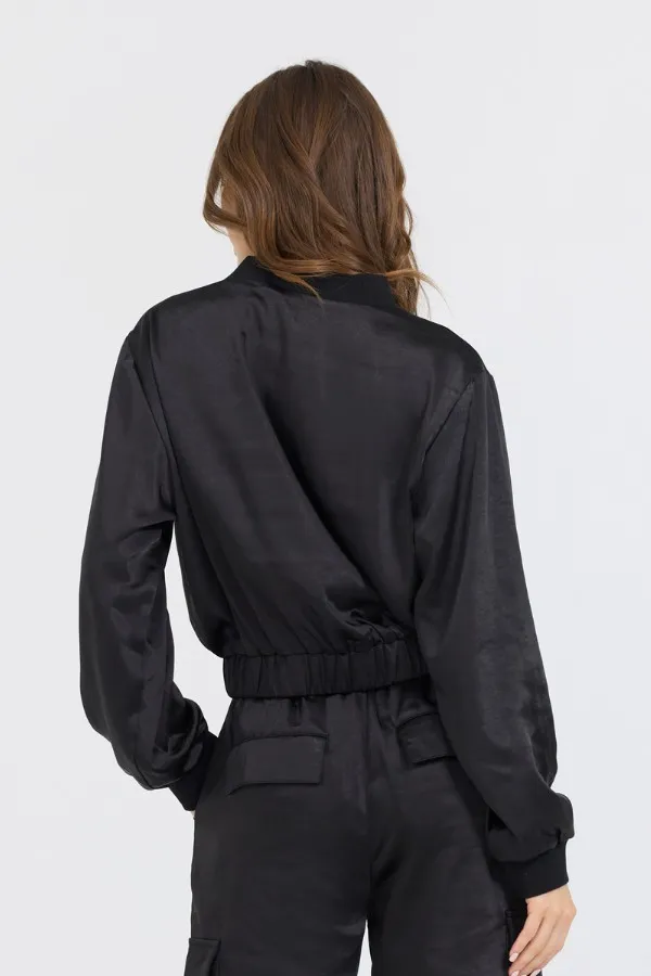 Women Vintage Havana Outerwear Black Heavy Satin Bomber Black