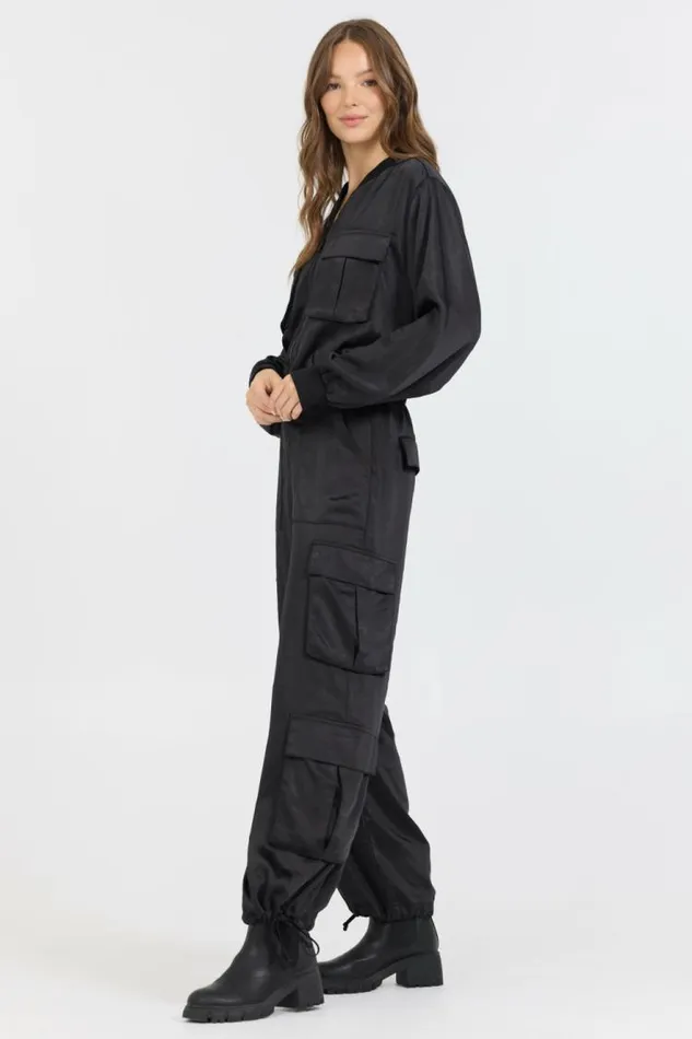 Women Vintage Havana Outerwear Black Heavy Satin Bomber Black