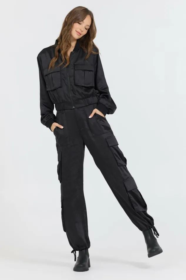 Women Vintage Havana Outerwear Black Heavy Satin Bomber Black