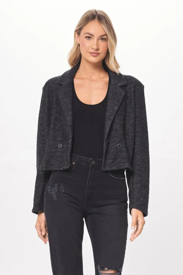 Women Vintage Havana Outerwear Charcoal Oversized Textured Knit Blazer Greyblack Women Vintage Havana Outerwear Charcoal Oversized Textured Knit Blazer Greyblack