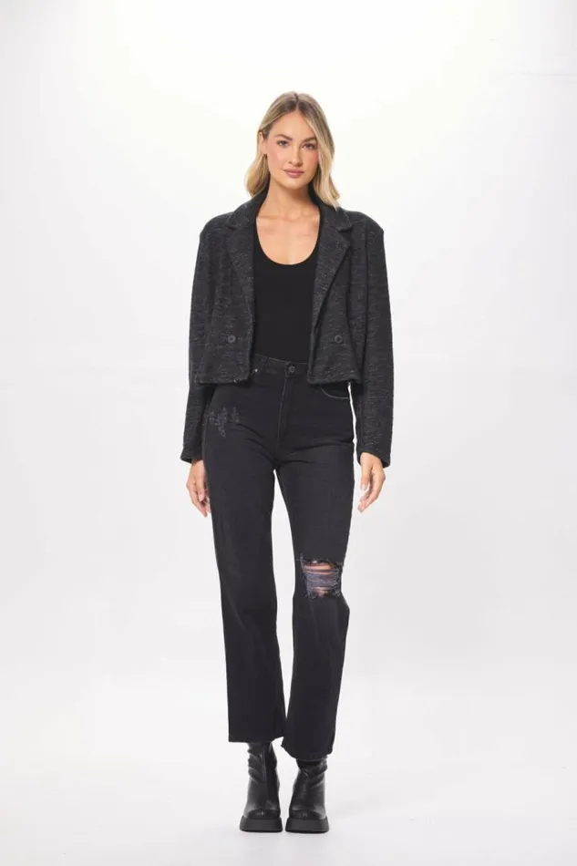 Women Vintage Havana Outerwear Charcoal Oversized Textured Knit Blazer Greyblack