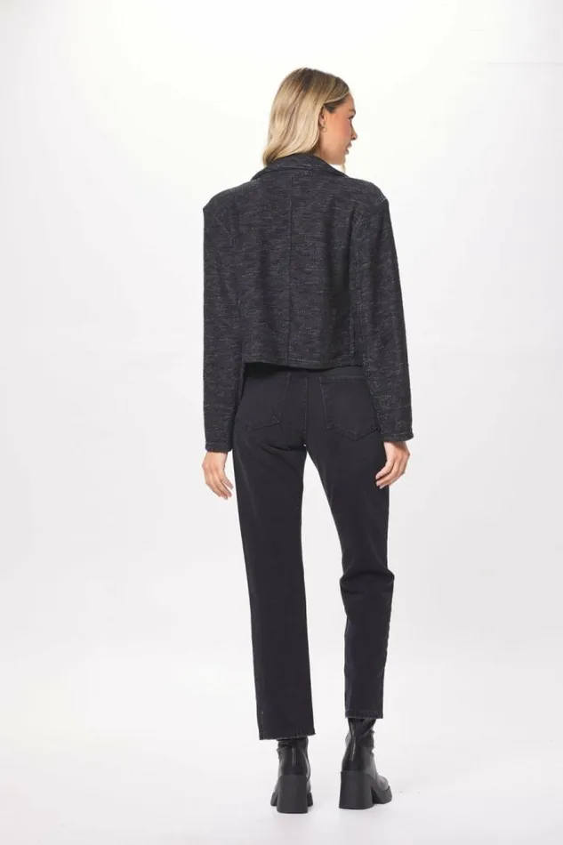 Women Vintage Havana Outerwear Charcoal Oversized Textured Knit Blazer Greyblack