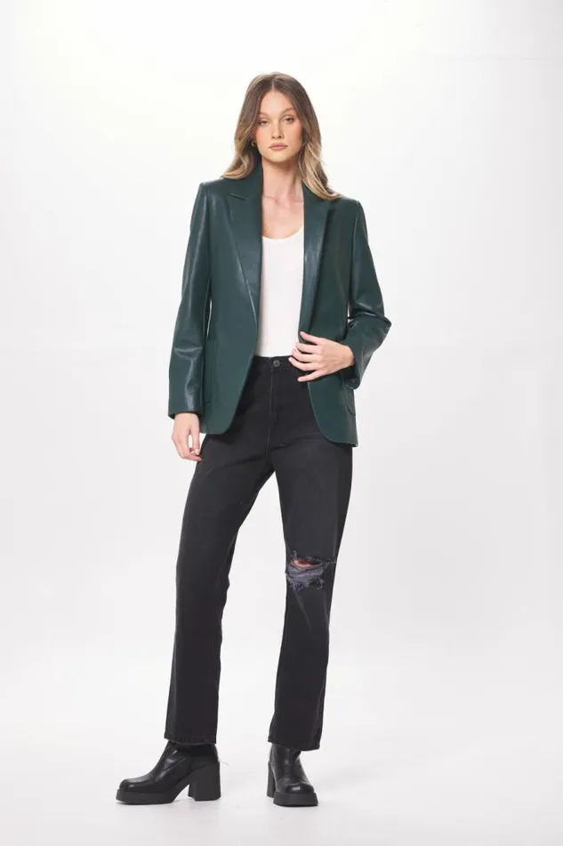 Women Vintage Havana Outerwear Forest Green Faux Leather Blazer Forest Green