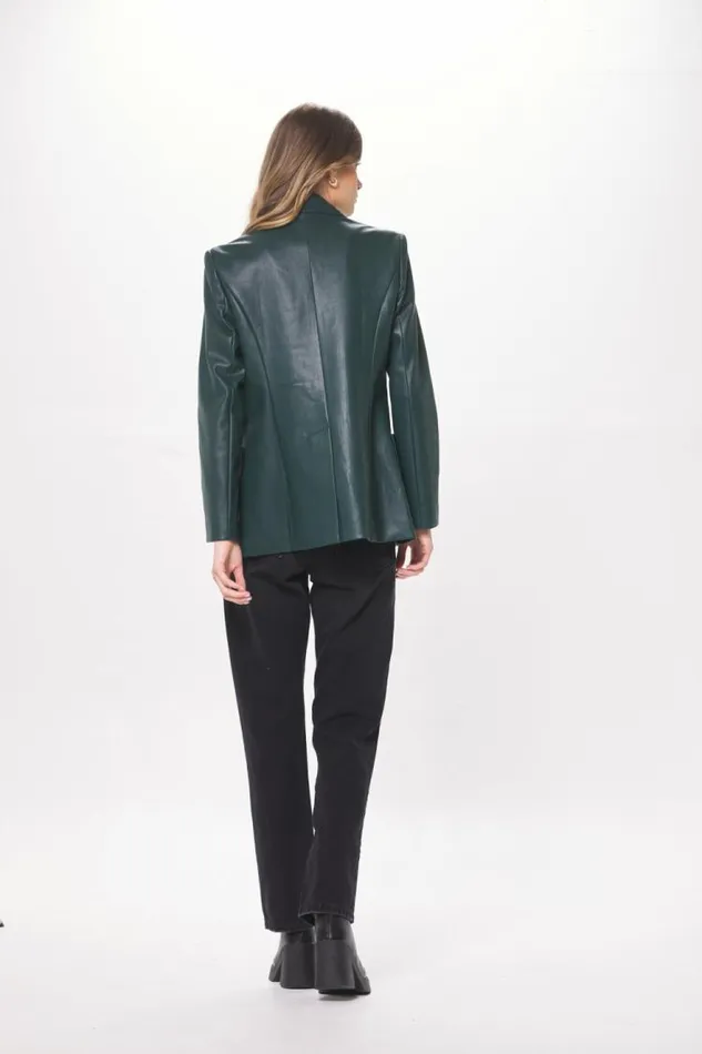 Women Vintage Havana Outerwear Forest Green Faux Leather Blazer Forest Green