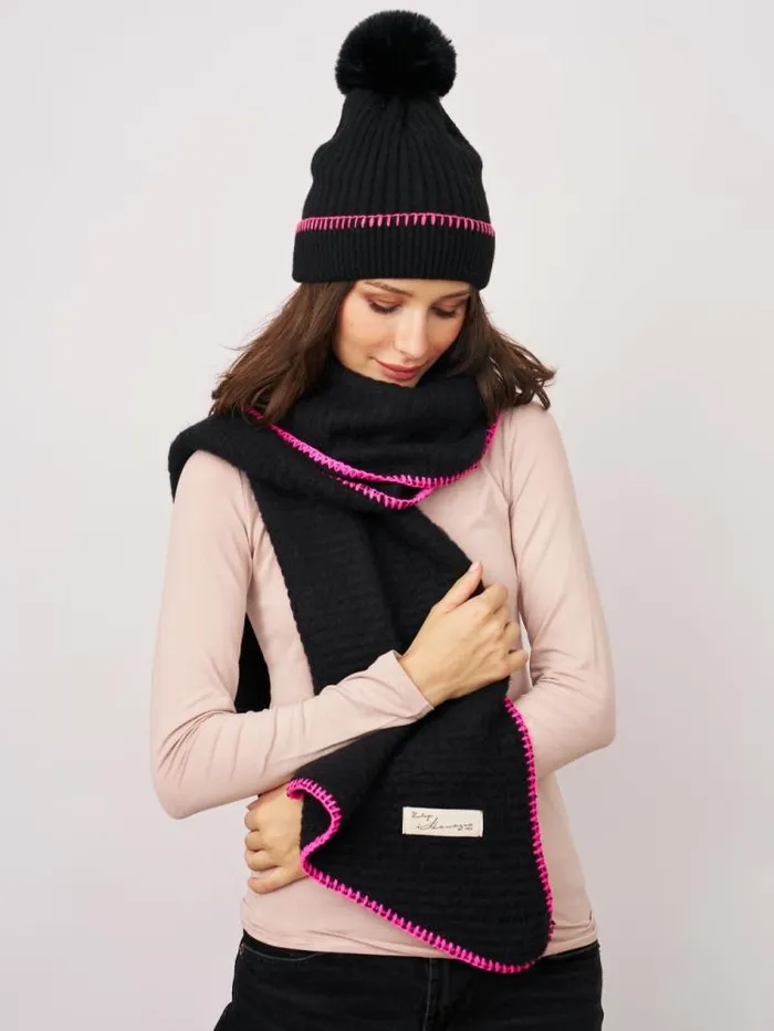 Women Vintage Havana Scarf Ruanas BLANKET STITCH KNIT SCARF 8211 BLACKB PINK Blackb Pink