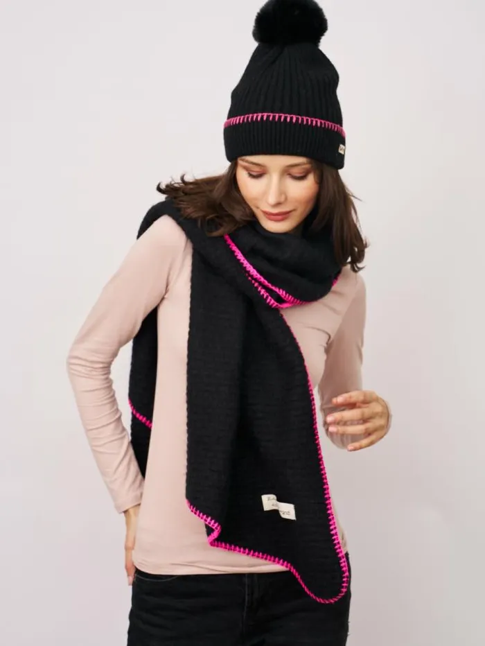Women Vintage Havana Scarf Ruanas BLANKET STITCH KNIT SCARF 8211 BLACKB PINK Blackb Pink