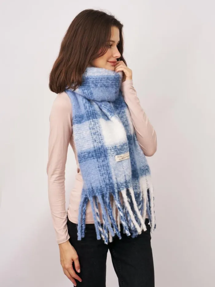 Women Vintage Havana Scarf Ruanas CHECK TASSEL SCARF 8211 BLUE Blue