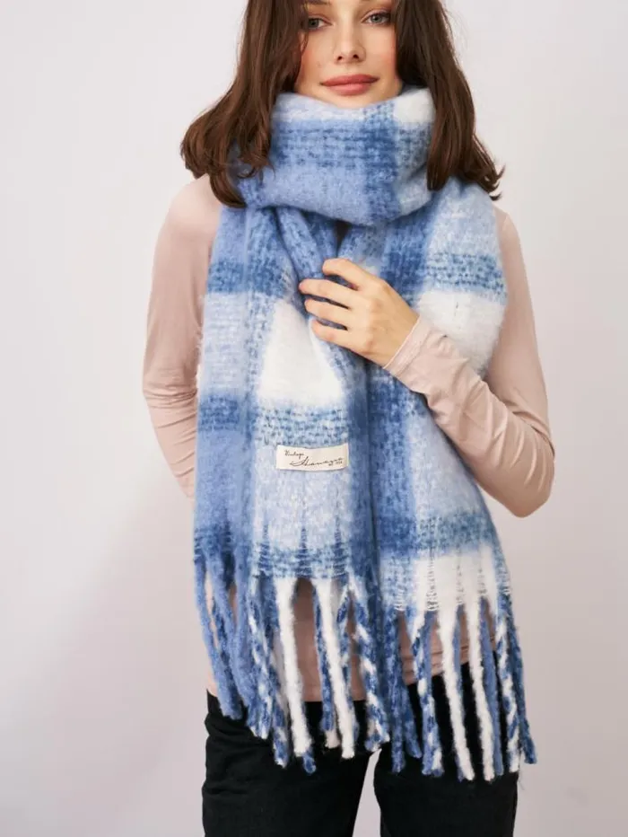 Women Vintage Havana Scarf Ruanas CHECK TASSEL SCARF 8211 BLUE Blue Women Vintage Havana Scarf Ruanas CHECK TASSEL SCARF 8211 BLUE Blue