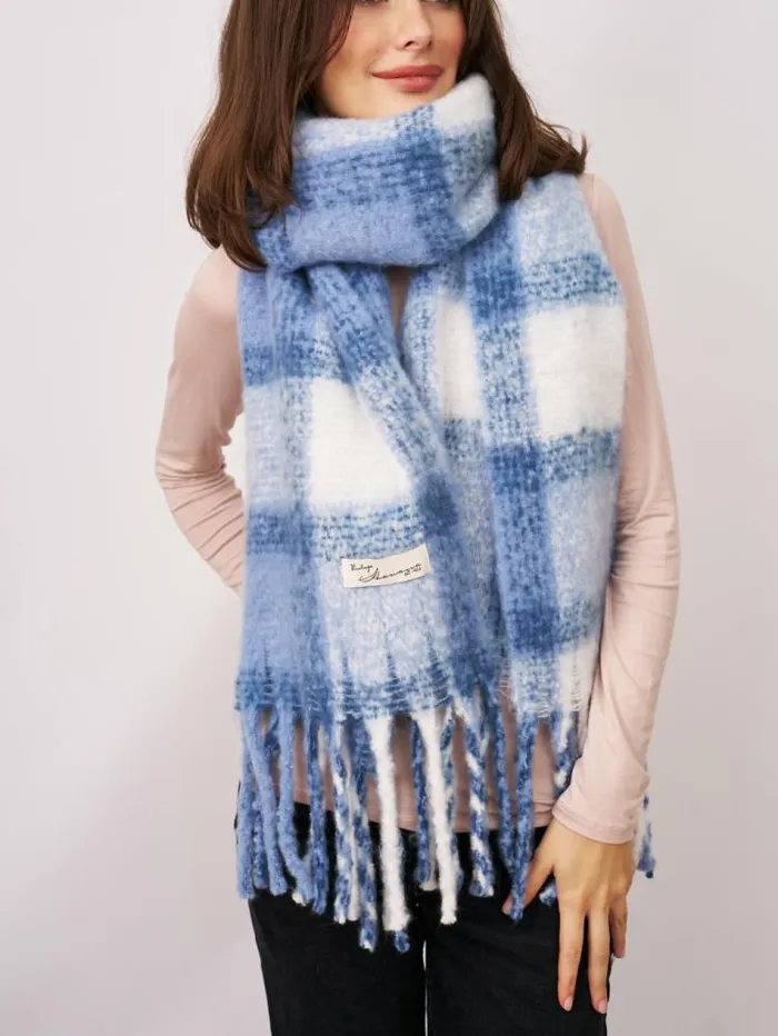Women Vintage Havana Scarf Ruanas CHECK TASSEL SCARF 8211 BLUE Blue Women Vintage Havana Scarf Ruanas CHECK TASSEL SCARF 8211 BLUE Blue