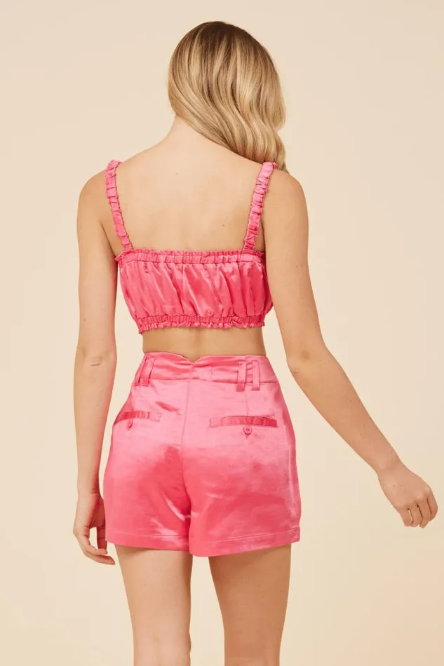 Women Vintage Havana Shorts Hot Pink Heavy Satin Bra Top Hot Pink