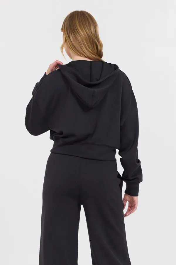 Women Vintage Havana Sweatshirts Black Cloud Fleece Crop Zip Up Black