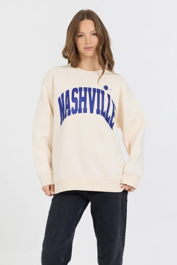 Women Vintage Havana Sweatshirts Cream W Royal Blue Garment Dye Fleece Crew W Glitter Print Cream Women Vintage Havana Sweatshirts Cream W Royal Blue Garment Dye Fleece Crew W Glitter Print Cream