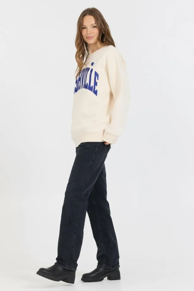 Women Vintage Havana Sweatshirts Cream W Royal Blue Garment Dye Fleece Crew W Glitter Print Cream