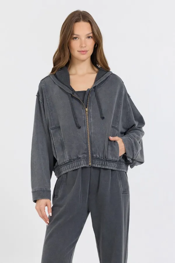 Women Vintage Havana Sweatshirts Washed Charcoal Garment Dye French Terry Zip Up Hoodie Charcoal Women Vintage Havana Sweatshirts Washed Charcoal Garment Dye French Terry Zip Up Hoodie Charcoal
