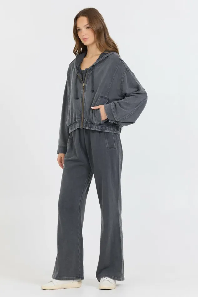 Women Vintage Havana Sweatshirts Washed Charcoal Garment Dye French Terry Zip Up Hoodie Charcoal