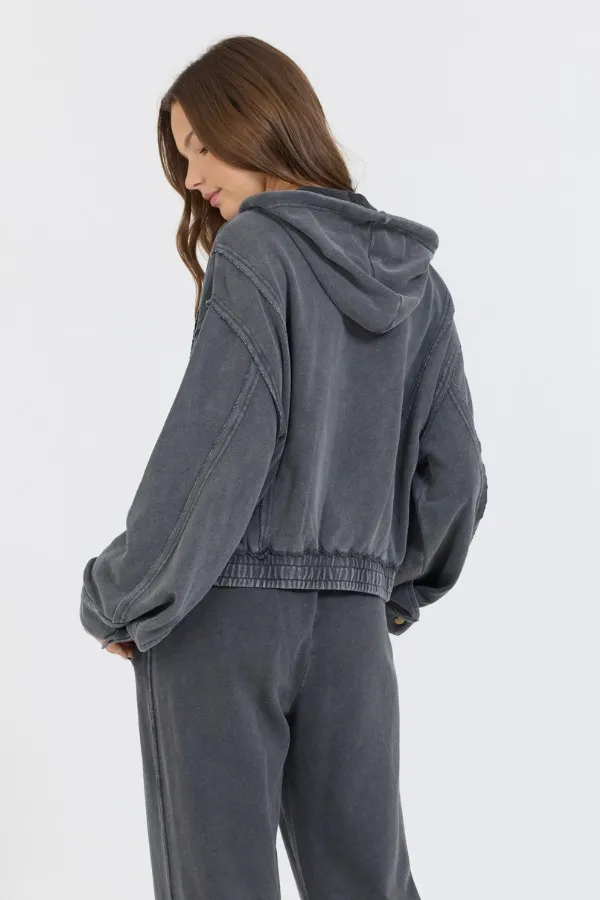 Women Vintage Havana Sweatshirts Washed Charcoal Garment Dye French Terry Zip Up Hoodie Charcoal