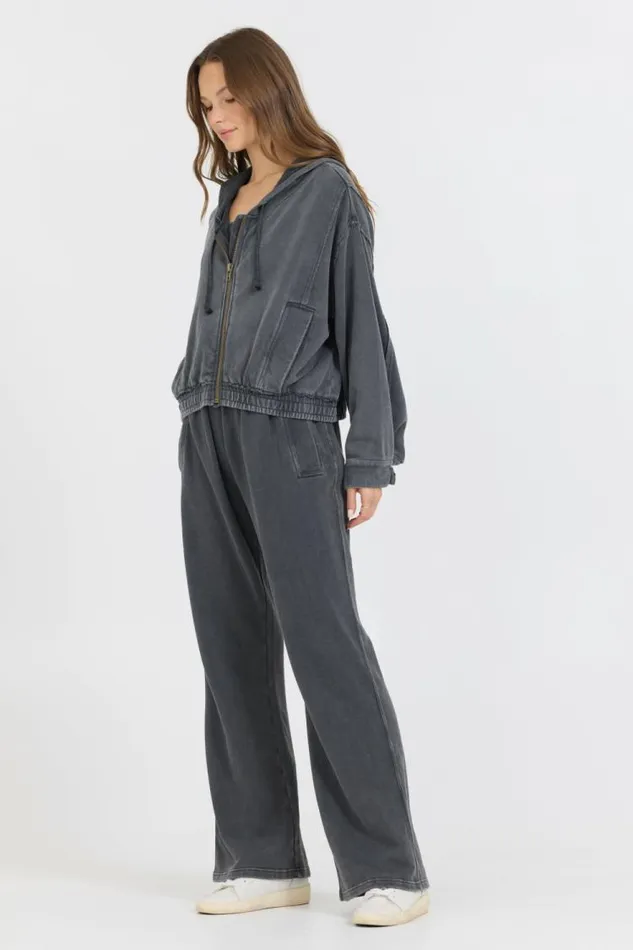 Women Vintage Havana Sweatshirts Washed Charcoal Garment Dye French Terry Zip Up Hoodie Charcoal