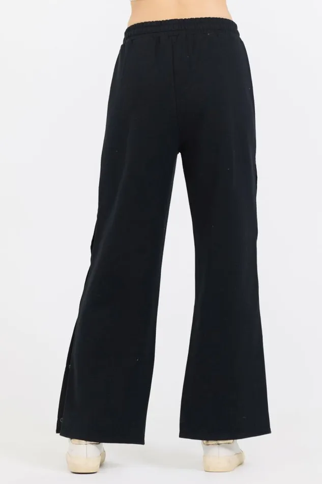 Women Vintage Havana Wide Leg Pants Black Brushed Snap Pant Black