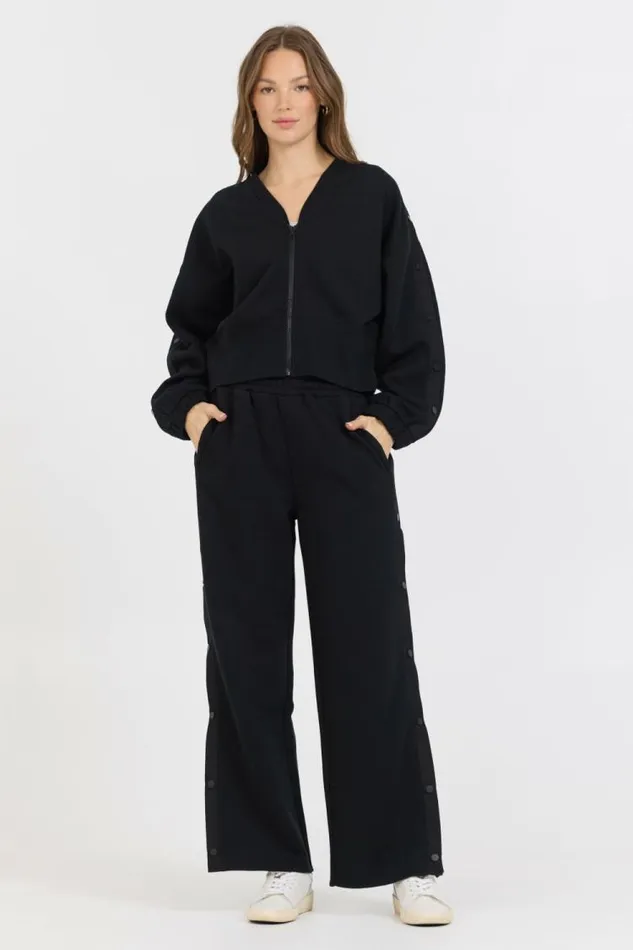 Women Vintage Havana Wide Leg Pants Black Brushed Snap Pant Black