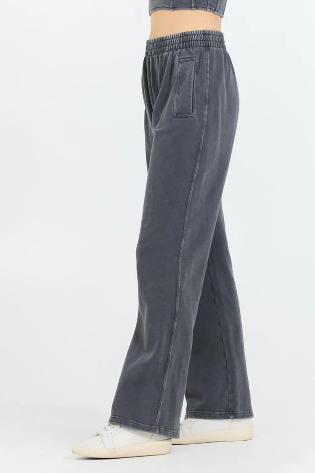 Women Vintage Havana Wide Leg Pants Washed Charcoal Garment Dye French Terry Flare Pant Charcoal
