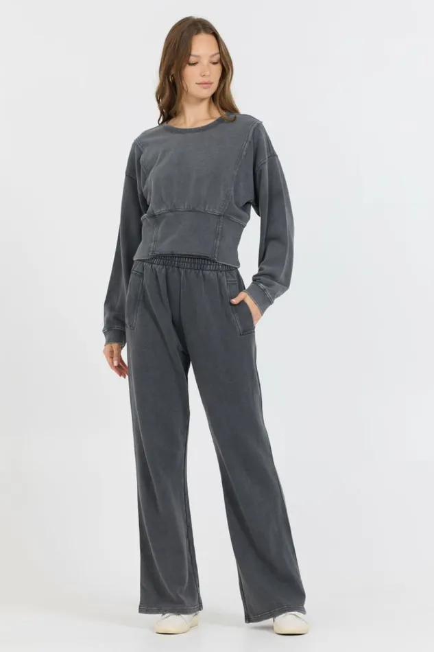 Women Vintage Havana Wide Leg Pants Washed Charcoal Garment Dye French Terry Flare Pant Charcoal