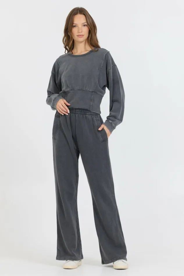 Women Vintage Havana Wide Leg Pants Washed Charcoal Garment Dye French Terry Flare Pant Charcoal