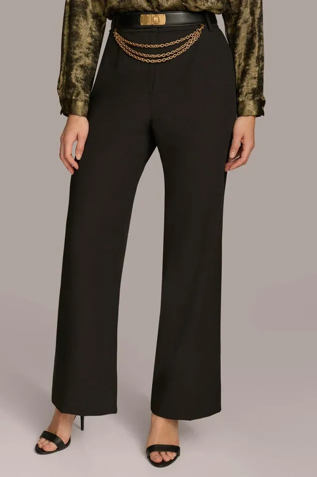 Women WIDE LEG TROUSER WITH CHAIN BELT Black Donna Karan New York Pants