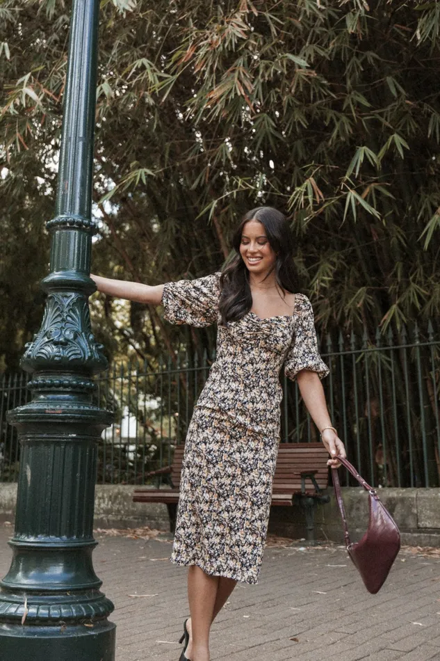 Women Winter Dresses Petal and Pup Oona Midi Dress Black Ditsy Floral