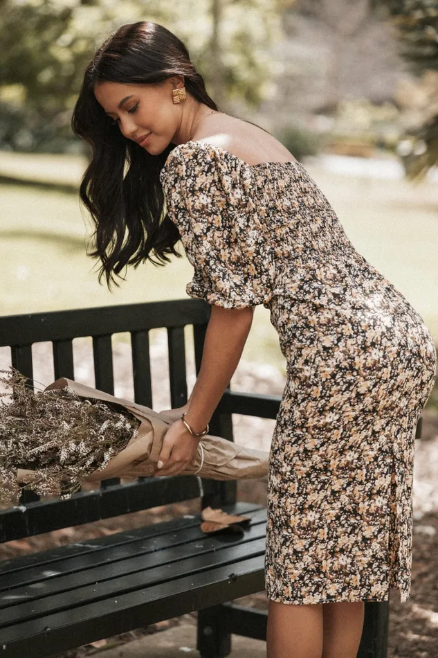 Women Winter Dresses Petal and Pup Oona Midi Dress Black Ditsy Floral
