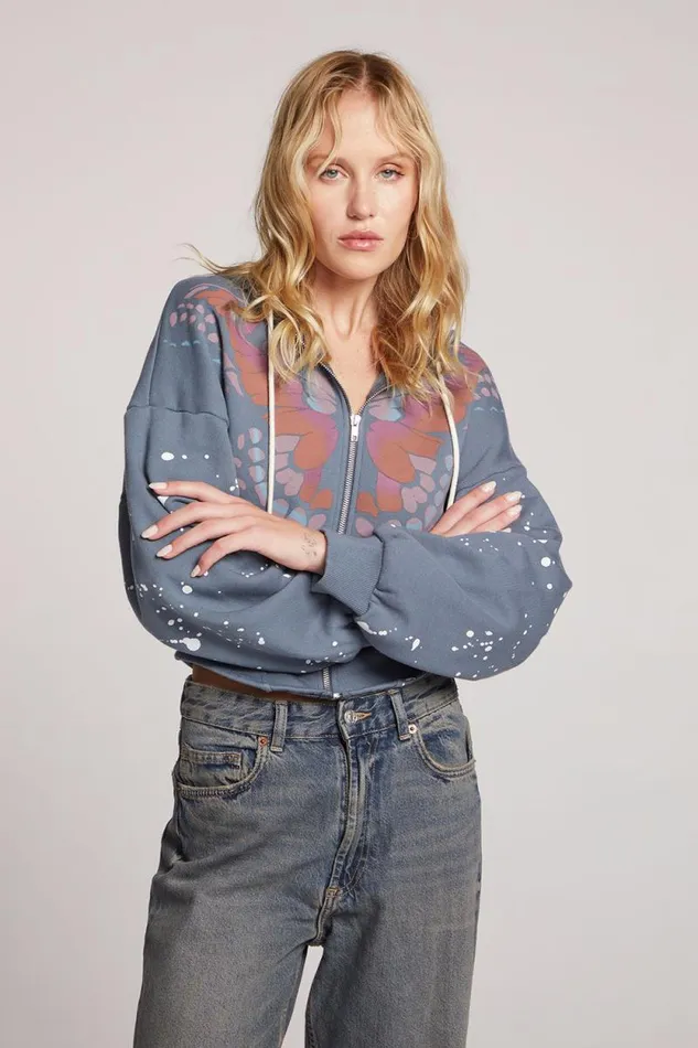 Womens Chaser Brand Outerwear Painted Butterfly Zip Up Hoodie