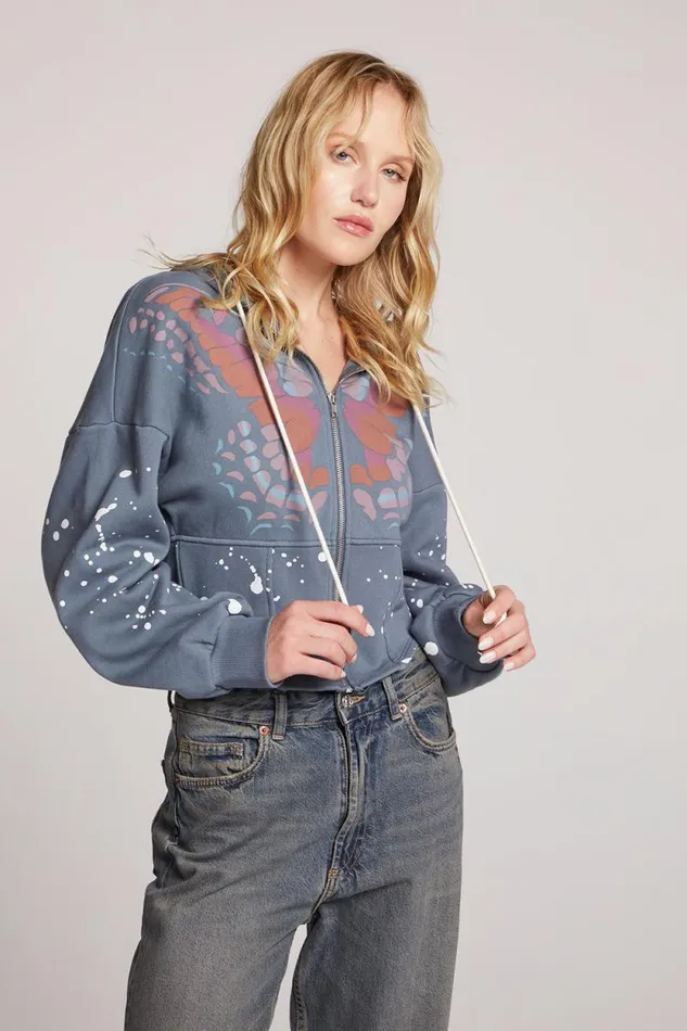 Womens Chaser Brand Outerwear Painted Butterfly Zip Up Hoodie