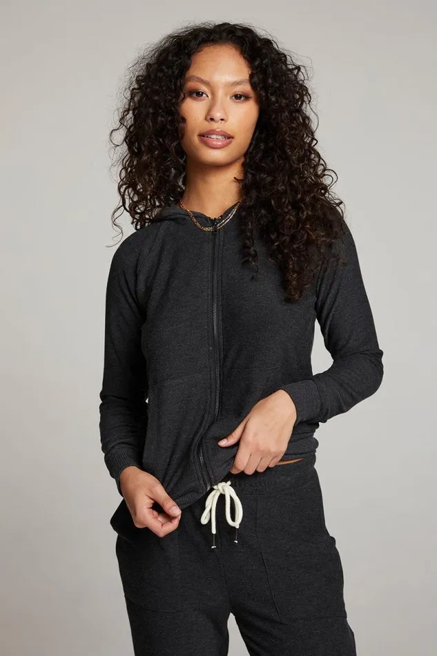 Womens Chaser Brand Tops Black Long Sleeve Raglan Zip Up Hoodie