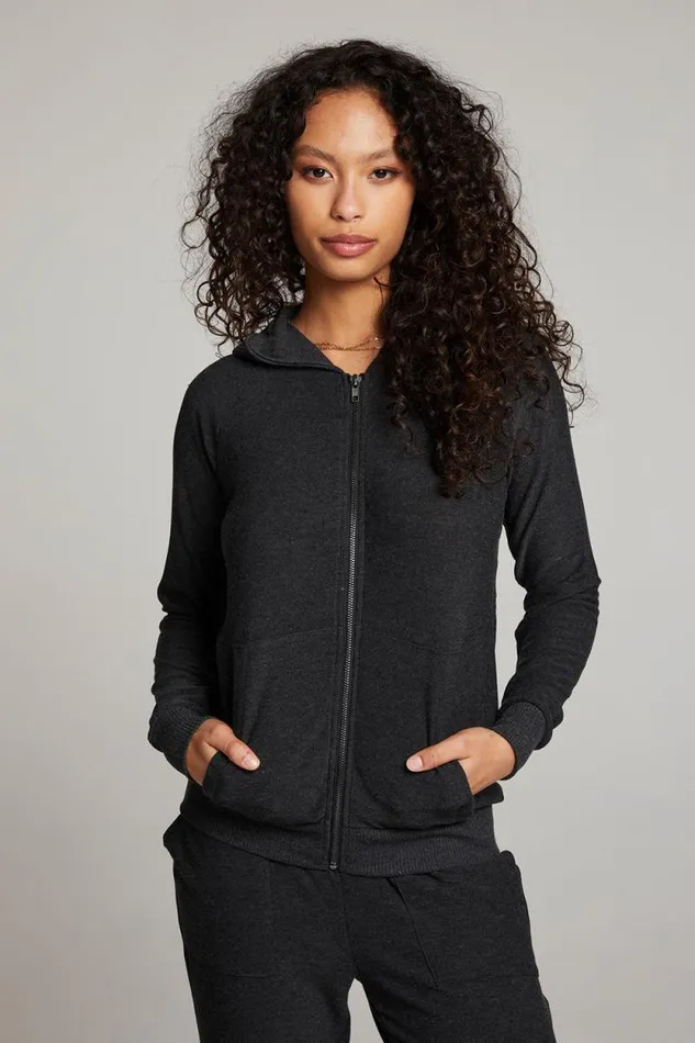 Womens Chaser Brand Tops Black Long Sleeve Raglan Zip Up Hoodie
