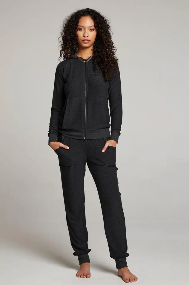 Womens Chaser Brand Tops Black Long Sleeve Raglan Zip Up Hoodie