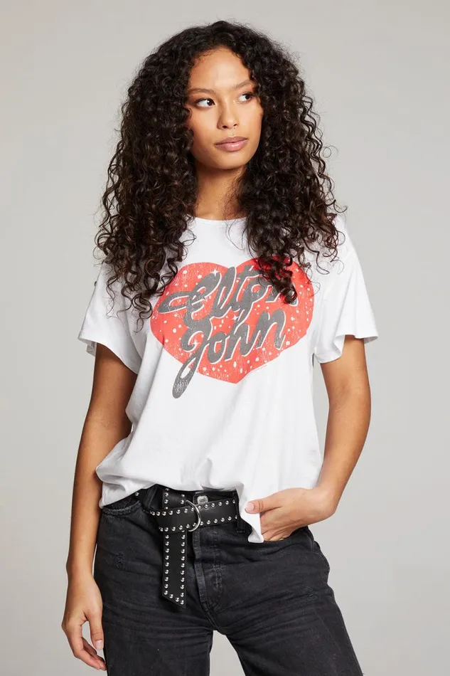 Womens Chaser Brand Tops Elton John Script Logo Heart
