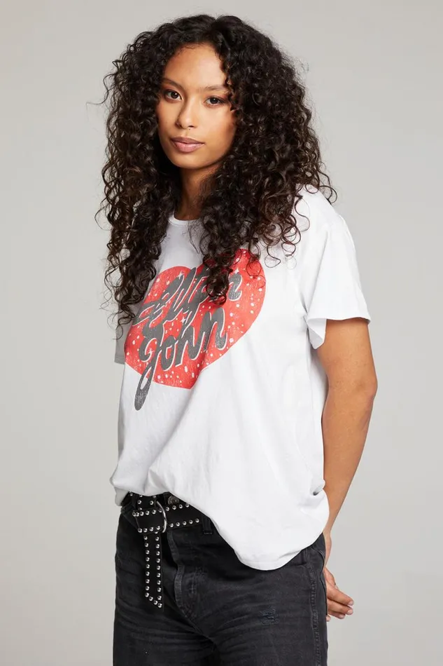 Womens Chaser Brand Tops Elton John Script Logo Heart