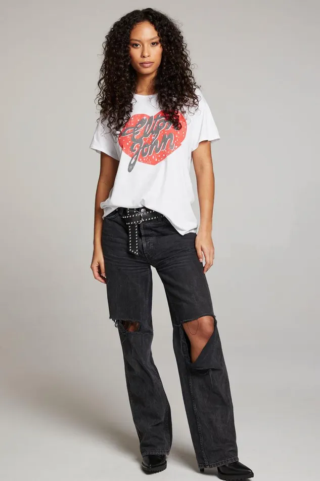 Womens Chaser Brand Tops Elton John Script Logo Heart